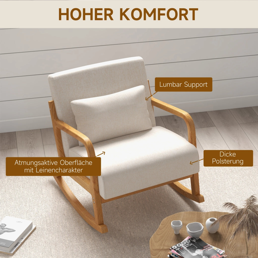 Poltrona Dondolo Retro Design ¨C Minimal ¨C Legno Gommato Beige e Marrone 64.5x92x81.5 cm