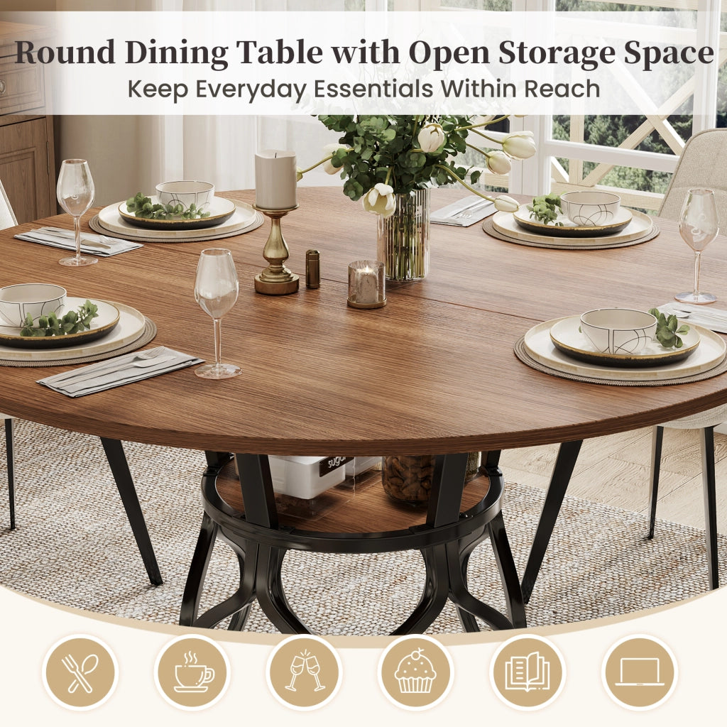 Tavolo da pranzo rotondo con ripiano inferiore in MDF e metallo nero, per cucina e sala da pranzo 100 × 100 × 75 cm
