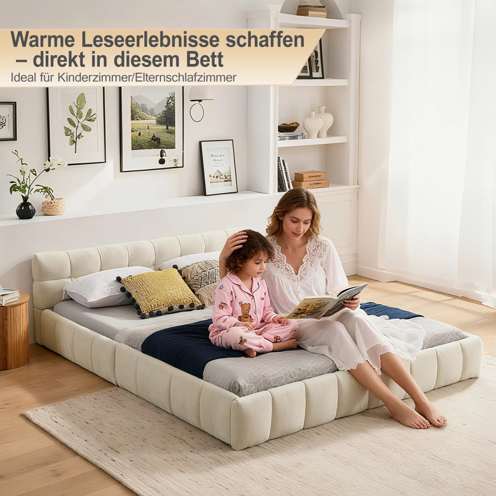 Letto Matrimoniale 160x200 cm; in Chenille con Struttura in Legno e Ferro Beige