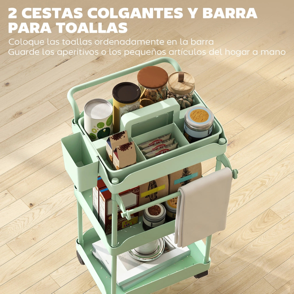 Carrello da cucina a 3 livelli con cesti estraibili ¨C zephmum ¨C verde