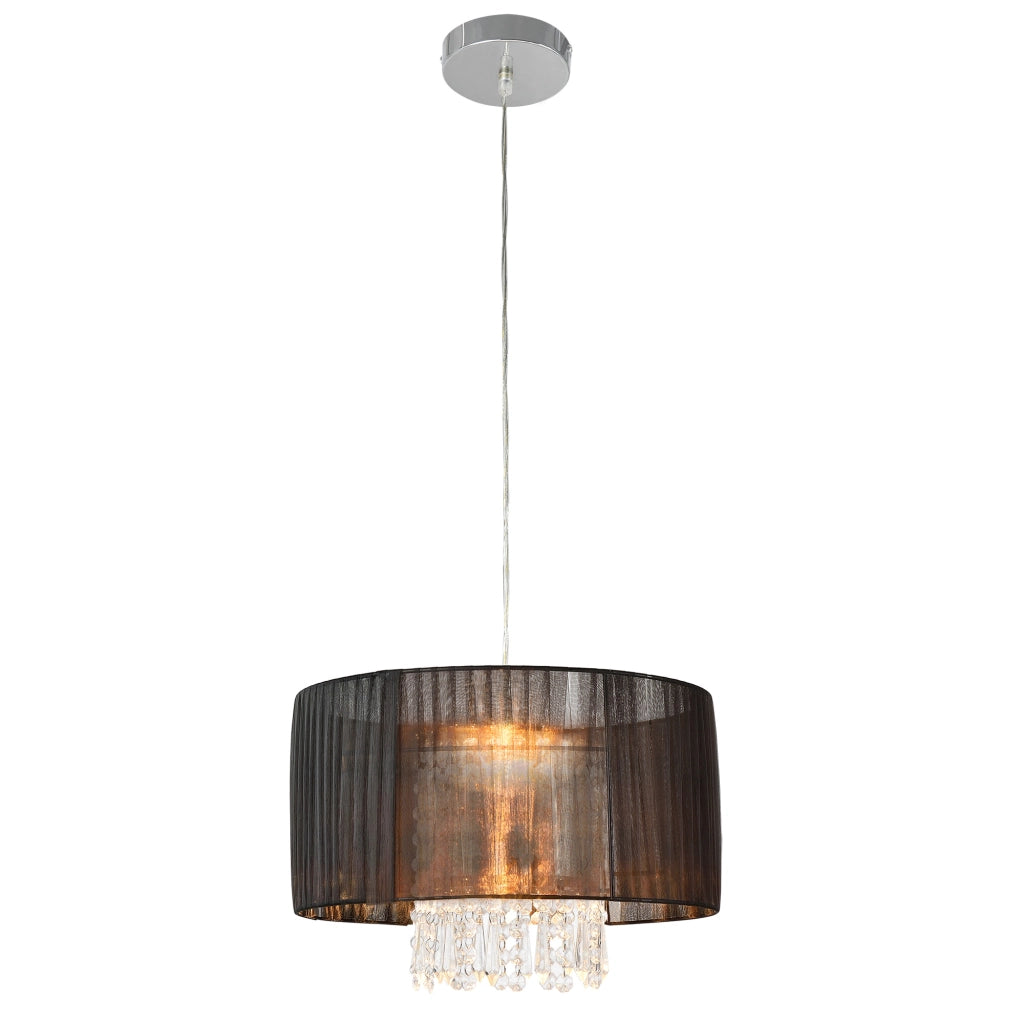 Lampada a Sospensione con Paralume Cilindrico in Tessuto Nero Traslucido e Cristalli Artificiali Lampadario (AxØ) 18 x 35 cm con Illuminazione Mista - lux.pro