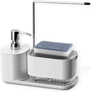 Set di Sapone per la Cucina 4 in 1 - Con Contenitore per Sapone, Orecchio per Spugna e Supporto per Asciugamano - Bianco - Organizzatore per la Vasca da Lavello - 2 Spugne da Pulizia