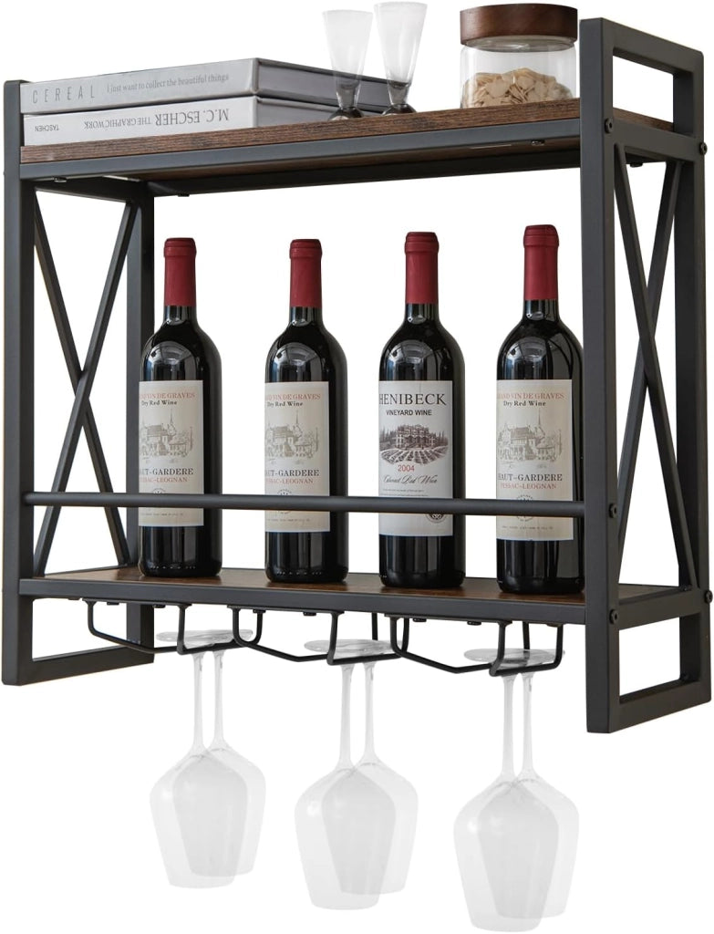 Portabottiglie per Vino da Parete Industriale, Scaffale di Stoccaggio per Vino a Parete a 2/3 Livelli con Porta Calici, in Metallo, per Casa, Bar, Cucina, Ristorante (80 x 20 x 63 cm)