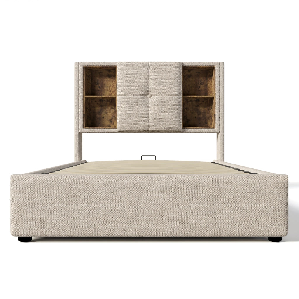 Letto contenitore singolo 90×200 cm con ricarica wireless USB e Type-C; materasso incluso; lino; naturale