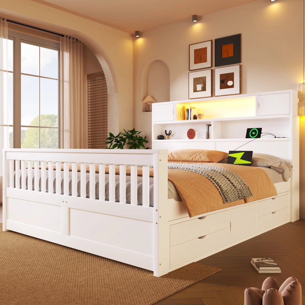Letto Contenitore 160x200 cm; Letto Matrimoniale con 4 Cassetti; LED e Libreria - Bianco