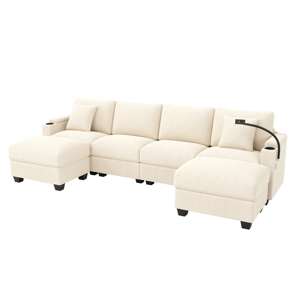 Divano modulare beige in velluto a coste con USB e portaoggetti