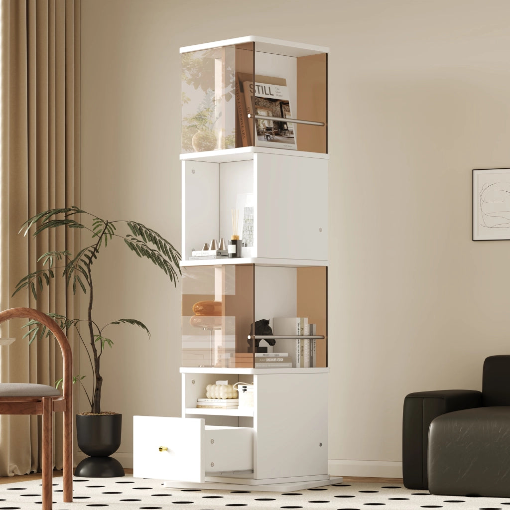 Vetrina girevole con led, 1 cassetto e vani aperti, per soggiorno e studio, in MDF e vetro, bianco e marrone, 50 × 50 × 160 cm