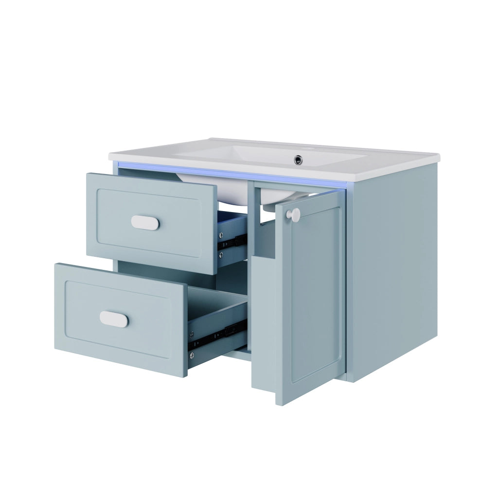 Mobile bagno sospeso 76x46x51 cm blu con lavabo integrato in ceramica, 2 cassetti e luce LED con sensore radar