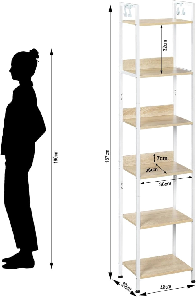 Libreria a 6 Ripiani, Scaffale con 4 Ganci Industriale, Scaffale a Scala in MDF e Metallo per Soggiorno, Cucina, Studio, Ufficio,Bianco,40x30x187cm RGB931hov