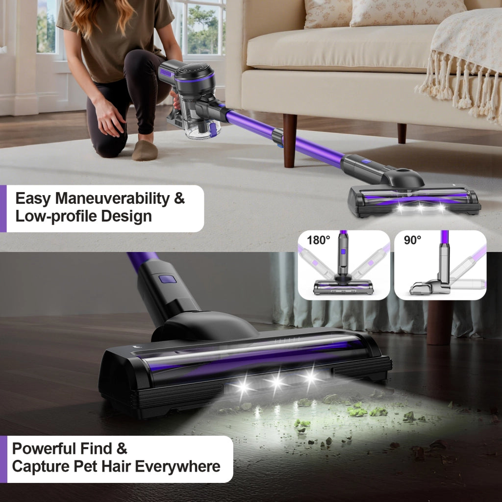 Aspirapolvere senza fili INSE S7P viola con display a LED e spazzola a rullo morbida.