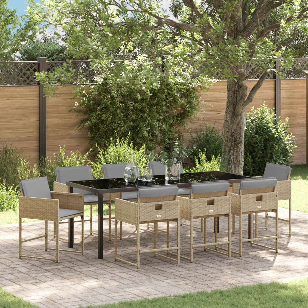 Set da Pranzo da Giardino 9 Pezzi con Cuscini Polyrattan Beige