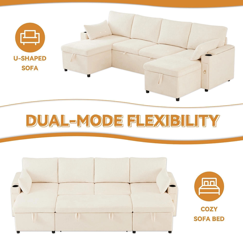 Divano letto 4 posti a U - Xylo - Angolare, con ripostiglio, beige