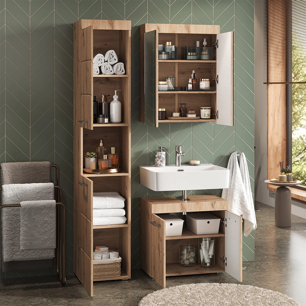 Set mobili bagno Luna Quercia Wotan 3 parti, con armadio alto Vicco