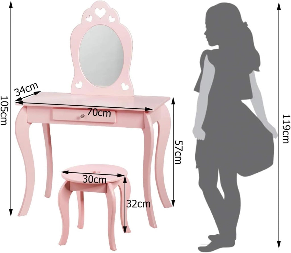 Set Toeletta e Sedia per Bambine - Specchio e Cassetto, Toletta Trucco 2 in 1 con Superficie Smontabile, 70 x 34 x 105 cm, Rosa