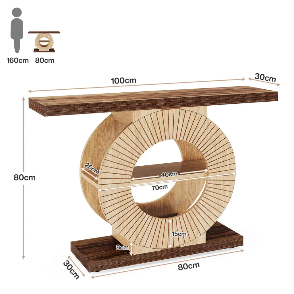 Consolle in legno con base rotonda e ripiani, stile country, per ingresso, marrone, per foto e libri