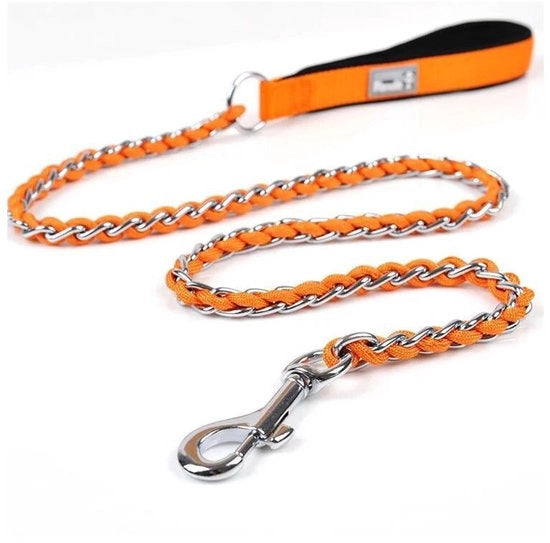 Riem anti-kauw metallo per cani di taglia media e grande, chiusura a catena anti-kauw robusta e resistente morsicature, manico comodo e morbido con guanto di protezione in gomma arancione