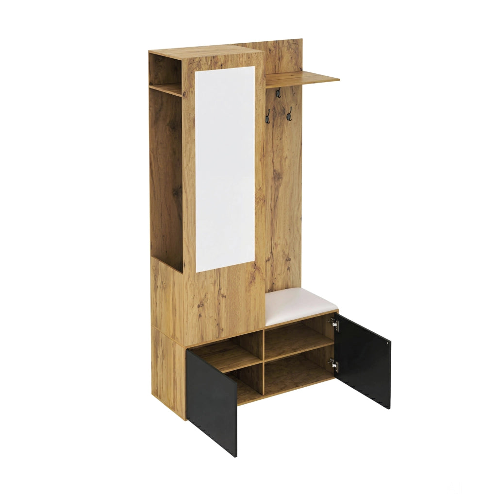 Set Appendiabiti con Specchio, Scarpiera, Panca e Mensola in MDF, 191x100x38 cm, Nero e Legno