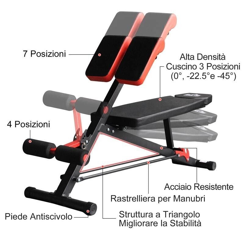 PANCA MULTIFUNZIONALE REGOLABILE PER ALLENAMENTO GAMBE ADDOME E GLUTEI NERO E ROSSO