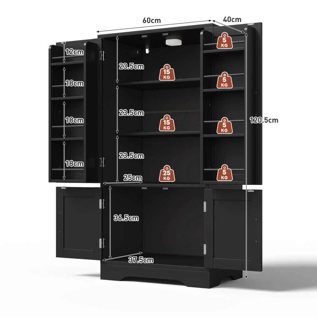 Credenza alta moderna 120x60x40 cm in MDF, 4 ante, con luce LED a sensore, nero