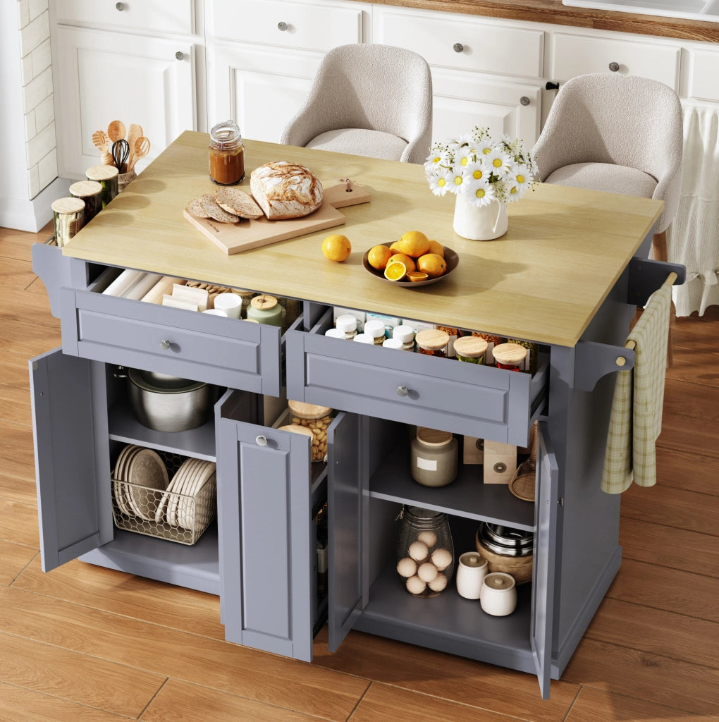 Isola da cucina mobile con piano ribaltabile, MDF, naturale e grigio