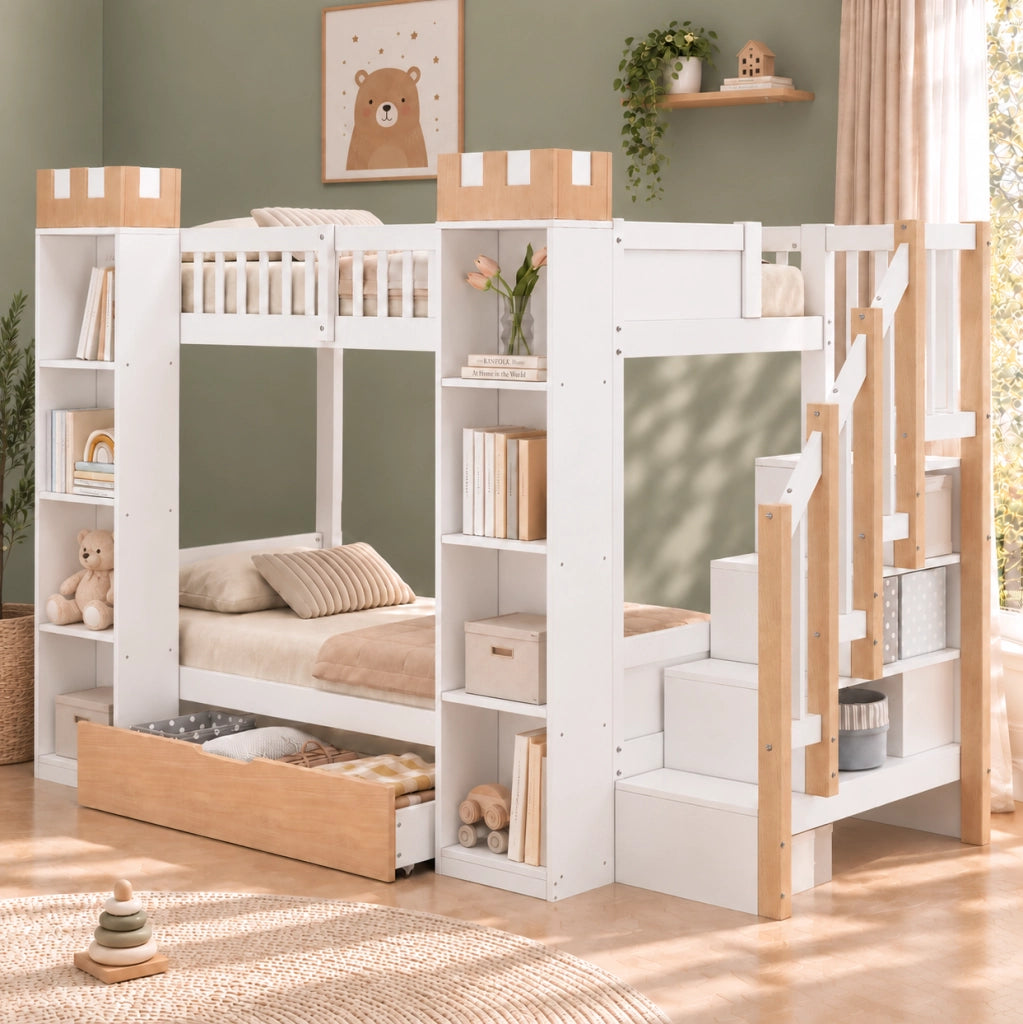 Letto a castello per bambini 90x200 cm con scala contenitore; cassetti e ripiani; bianco