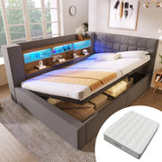 Letto matrimoniale 140x200 cm con contenitore; LED e prese di ricarica; in lino grigio; con materasso