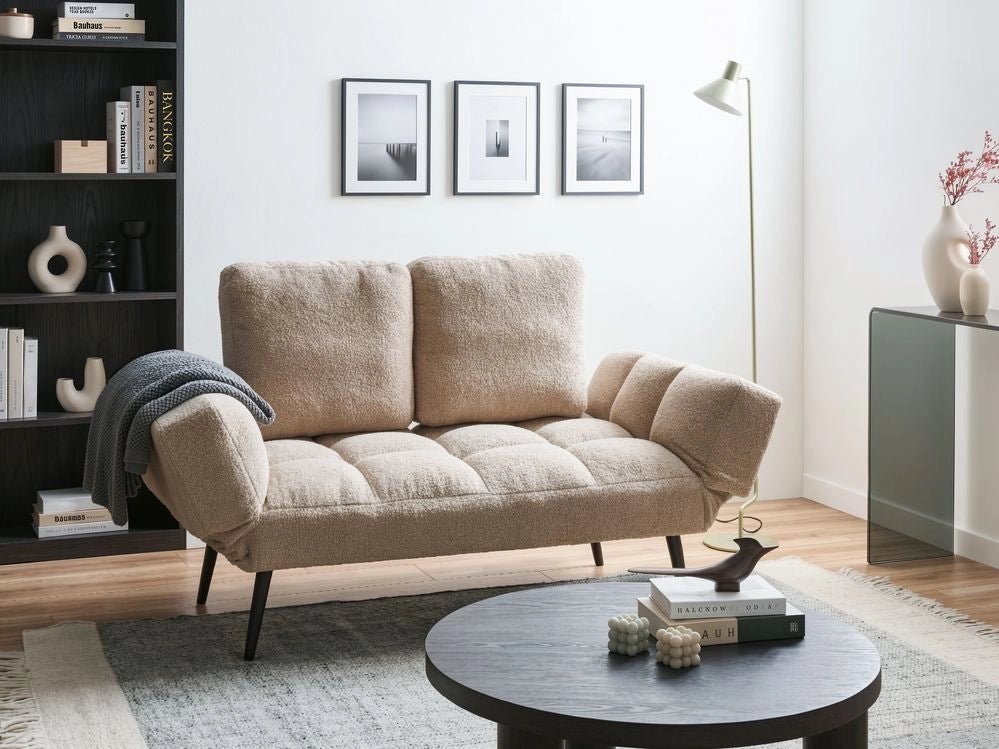 Divano letto 2 posti con rivestimento bouclè beige con Braccioli Regolabili stile Minimalista