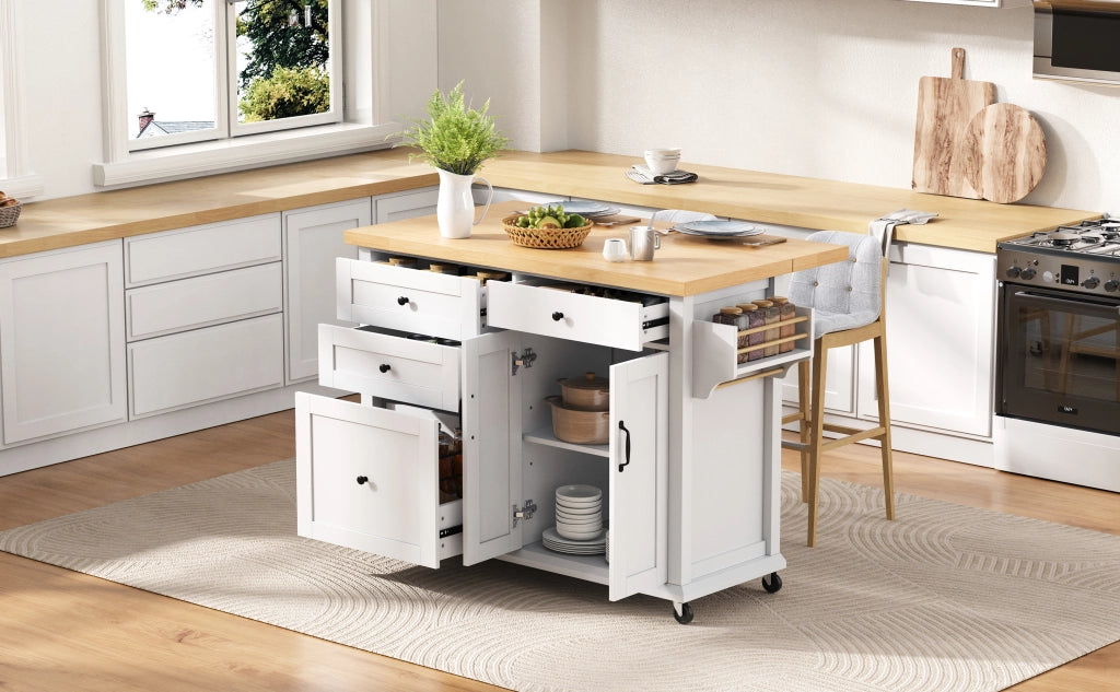 Carrello da cucina con 2 ante, cassetti multifunzione e piano estraibile, per cucina e sala da pranzo, in MDF, bianco, 107 × 45-70 × 90,5 cm