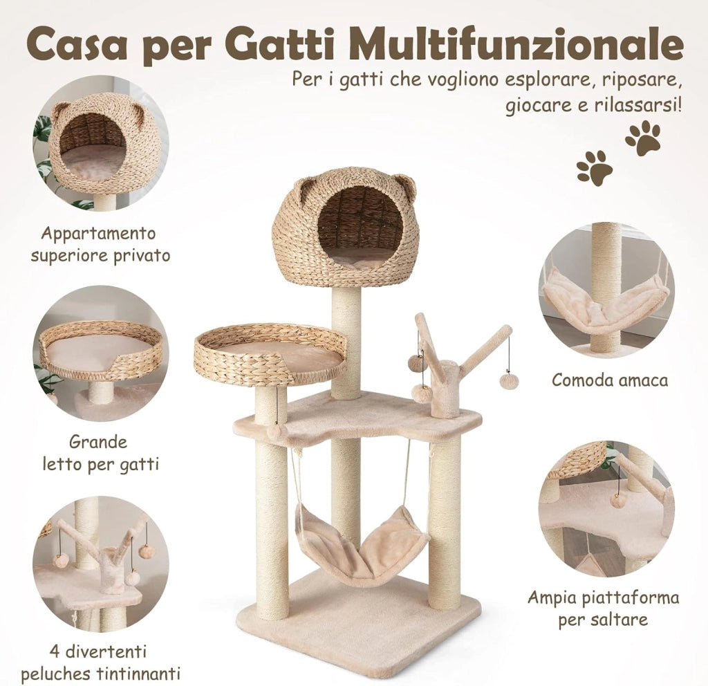 Tiragraffi per Gatti Adulti, Albero Tiragraffi con Cuccia, Piattaforma, Cuscini e Tiragraffi, Torre per Animali Domestici in Legno, 49,5 x 49,5 x 121 cm