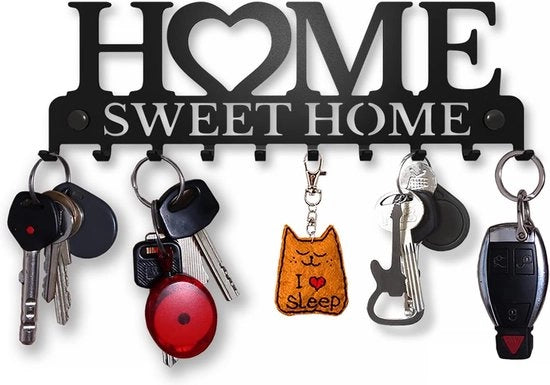 Sistema di Organizzazione per le Chiavi Home Sweet Home, pannello per le chiavi, nero con 10 ganci, supporto per le chiavi, moderno, supporto per le chiavi, parete, decorazione per parete, ingresso, decorazione metallica