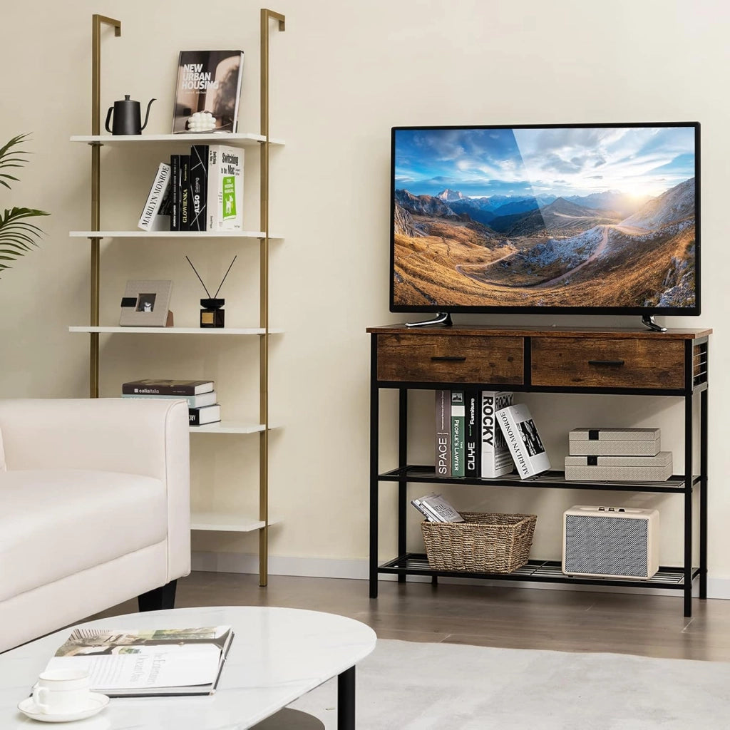 Tavolo Consolle in Legno, Tavolo da Ingresso con 2 Cassetti e 2 Ripiani, Tavolo Multifunzionale e Moderno per Ingresso, Soggiorno e Corridoio, 100 x 30 x 81,5 cm (Marrone Rustico)