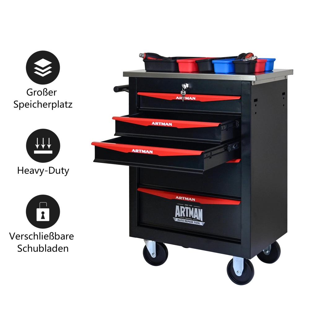 Mobile contenitore con 5 cassetti e ruote in acciaio per garage e officina, con chiusura a chiave, nero rosso