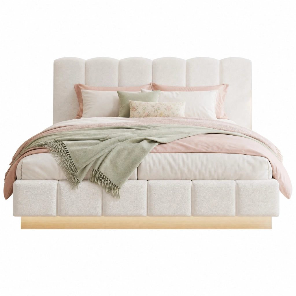 Letto Contenitore 180x200 cm con LED; Rete e Testiera Imbottita in Bouclé Bianco