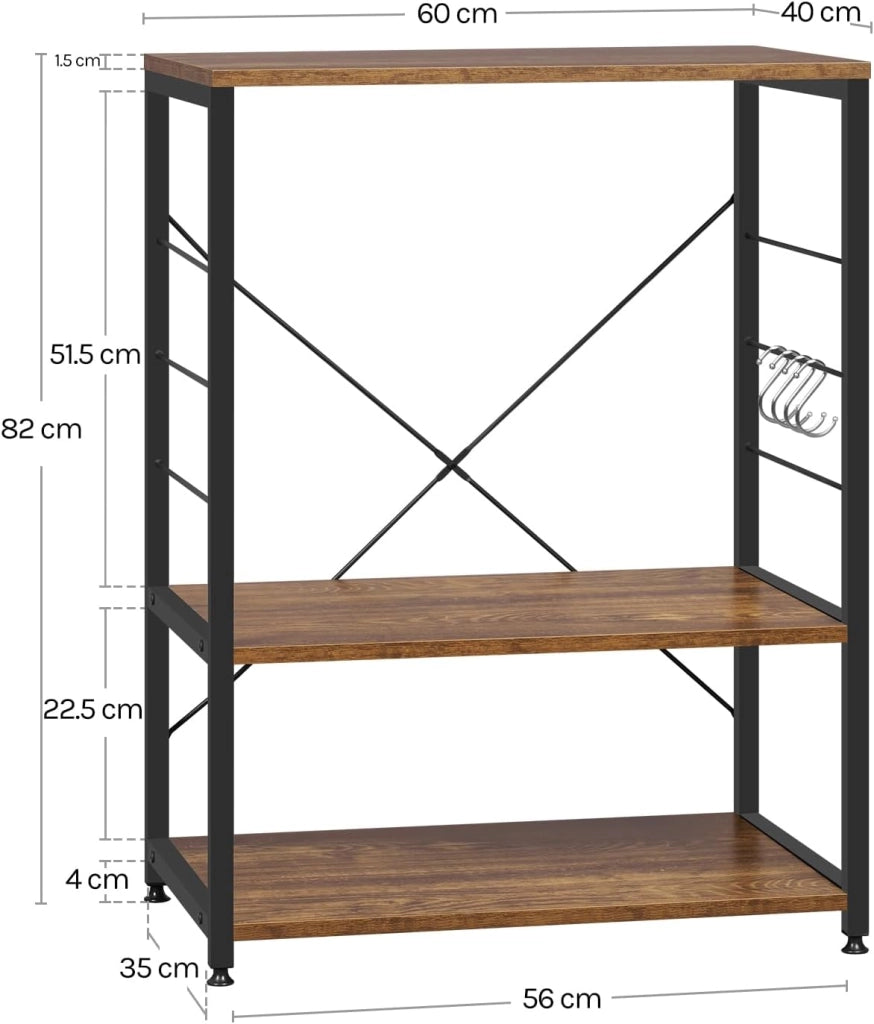 Scaffale per Cucina Carrello per Microonde Forno a 3 Ripiani in Metallo e Legno Scaffalature Fioriera Multiuso, Effetto Legno Vintage