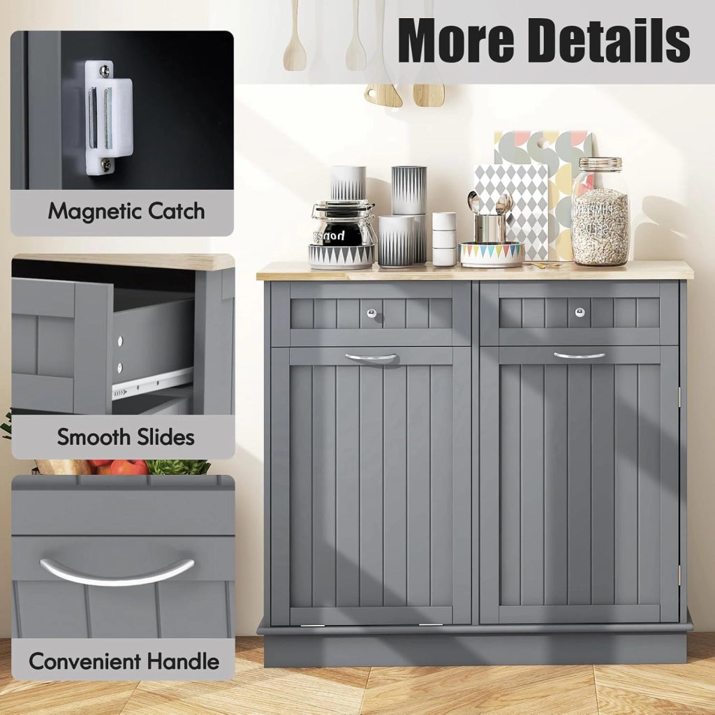 Credenza Cucina con Supporto per Bidoni della Spazzatura 42 L, Mobile Dimpensa Portaoggetti con 2 Cassetti e Ripiano Regolabile, per Sala da Pranzo, Soggiorno, 100 x 35 x 90,5 cm (Grigio)