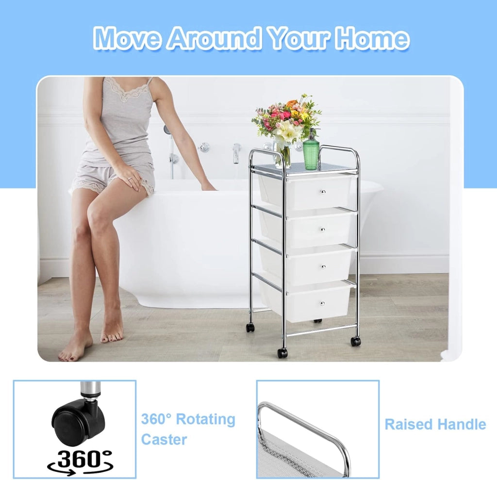 Carrello portaoggetti a 4 cassetti removibili in plastica, tornio portaoggetti con ruote in metallo con struttura a rotelle, organizer per ufficio, camera da letto, bagno (trasparente)