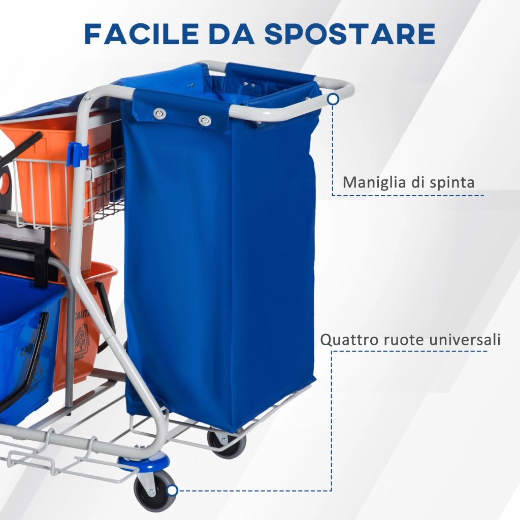 EasyComfort Carrello Pulizie Professionale con Sacco per Immondizia, 2 Secchi Lavapavimenti 18L, 2 Secchio Portaoggetti 6L, Strizzatore per Mocio, Gancio e Ruote per Hotel e Albergo, 93x80x97 cm, Arancione