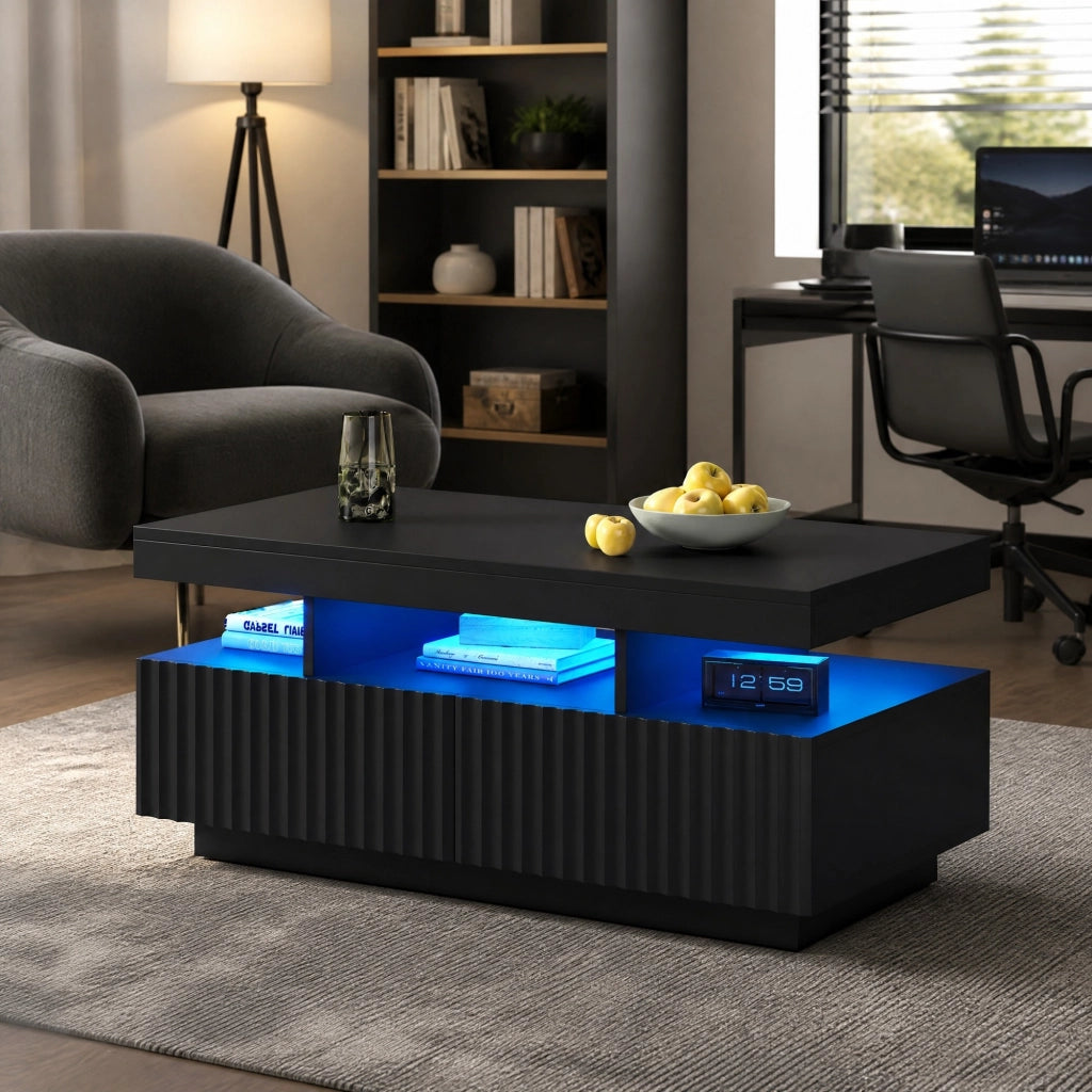 TAVOLINO DA CAFFÈ 100 x 50 x 45 cm Nero con LED e 2 cassetti