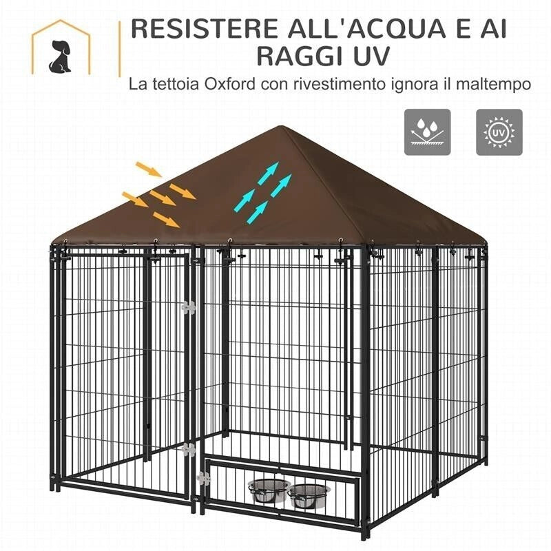RECINTO PER CANI IN METALLO E TESSUTO OXFORD CON PORTICINA PER CIOTOLE, 141X141X151 CM, NERO E MARRONE