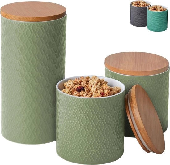 Bottiglie di conservazione ceramica con coperchio di bambù - Contenitore a tenuta d'aria per la cucina per caffè, tè, farina e muesli - Resistenti al lavastoviglie e privi di sapori