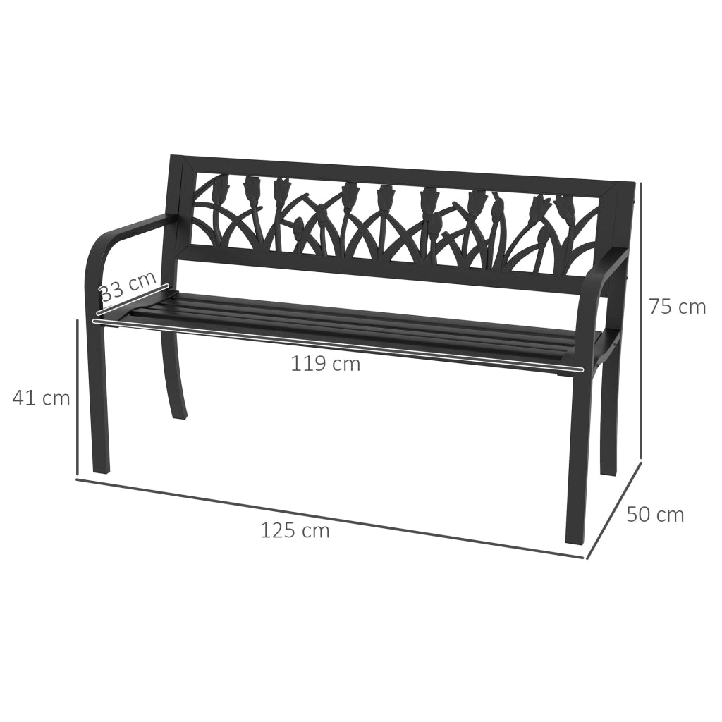 Panchina da Giardino  2 Posti  con Schienale Decorato e Braccioli 125x50x75 cm in Acciaio Nero