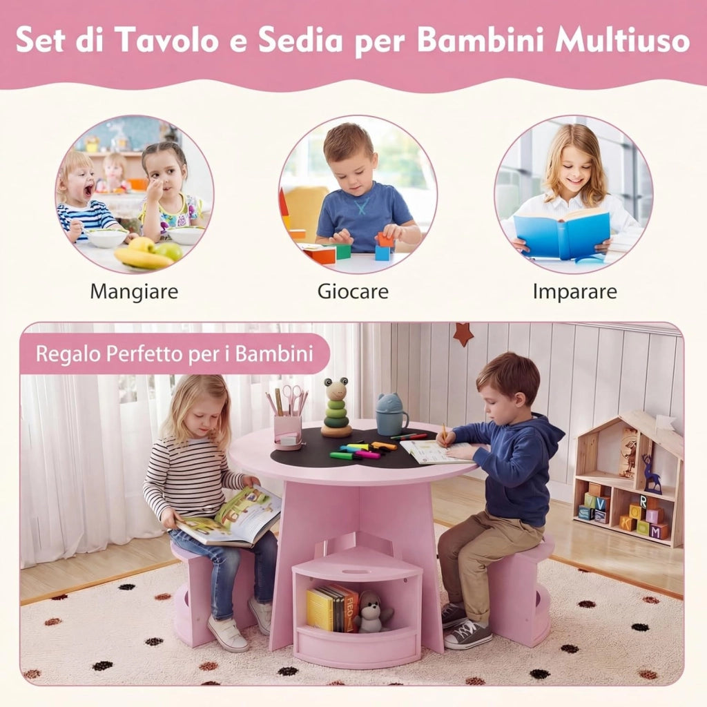 2 in 1 Set Tavolo e 4 Sedie per Bambini 3+ Anni, Set Tavolo Rotondo e Sedie con Portaoggetti, Tavolino in Legno Salvaspazio per Cameretta Ragazzi e Asilo Nido (Rosa)