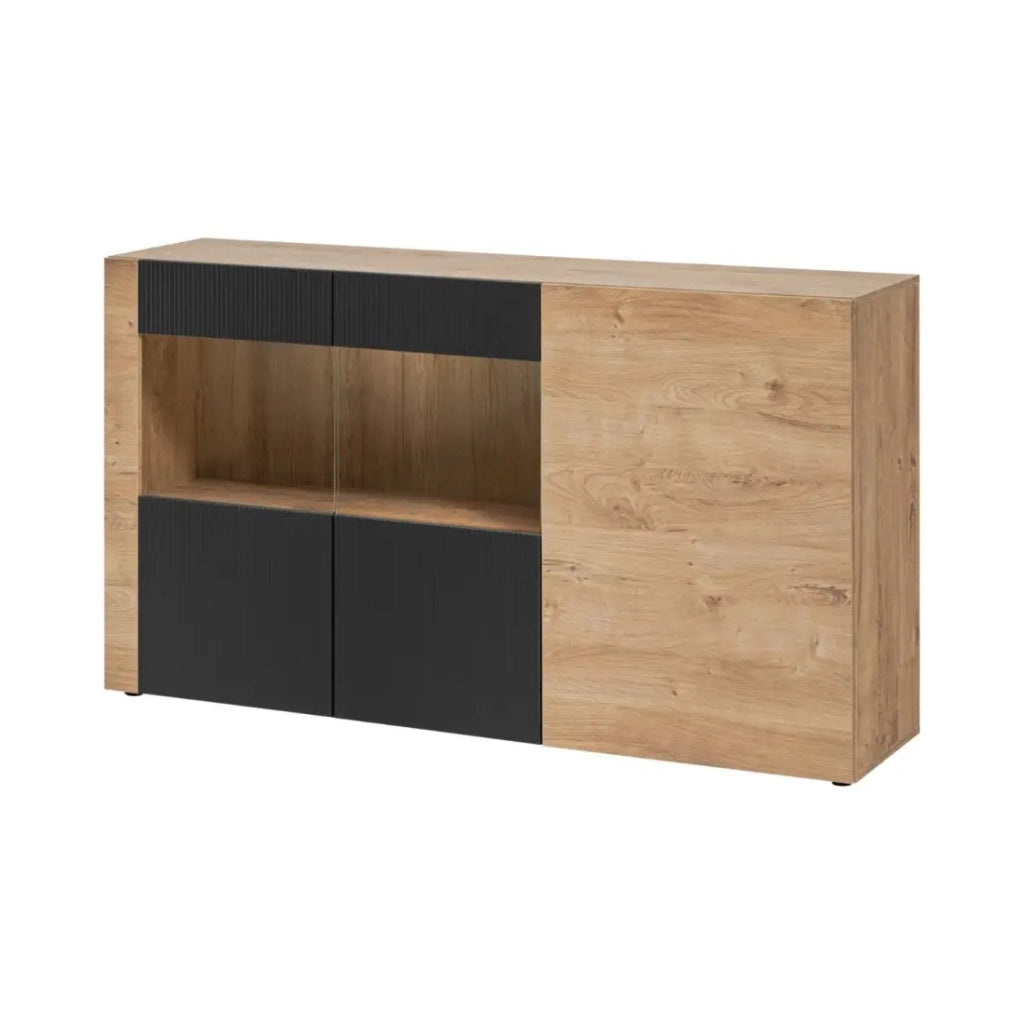Salon completo DOUM - Credenza bassa, vetrina, mobile TV, credenza alta e mensola a muro - Rovere chiaro e nero