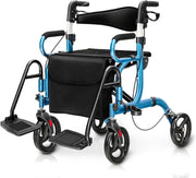 Deambulatore 2 in 1 per Anziani in Alluminio, Rollator Pieghevole e Regolabile in Altezza con Sedia, Schienale Reversibile, Manici Regolabili, Ruote, Poggiapiedi e Borsa Rimovibile (Blu)