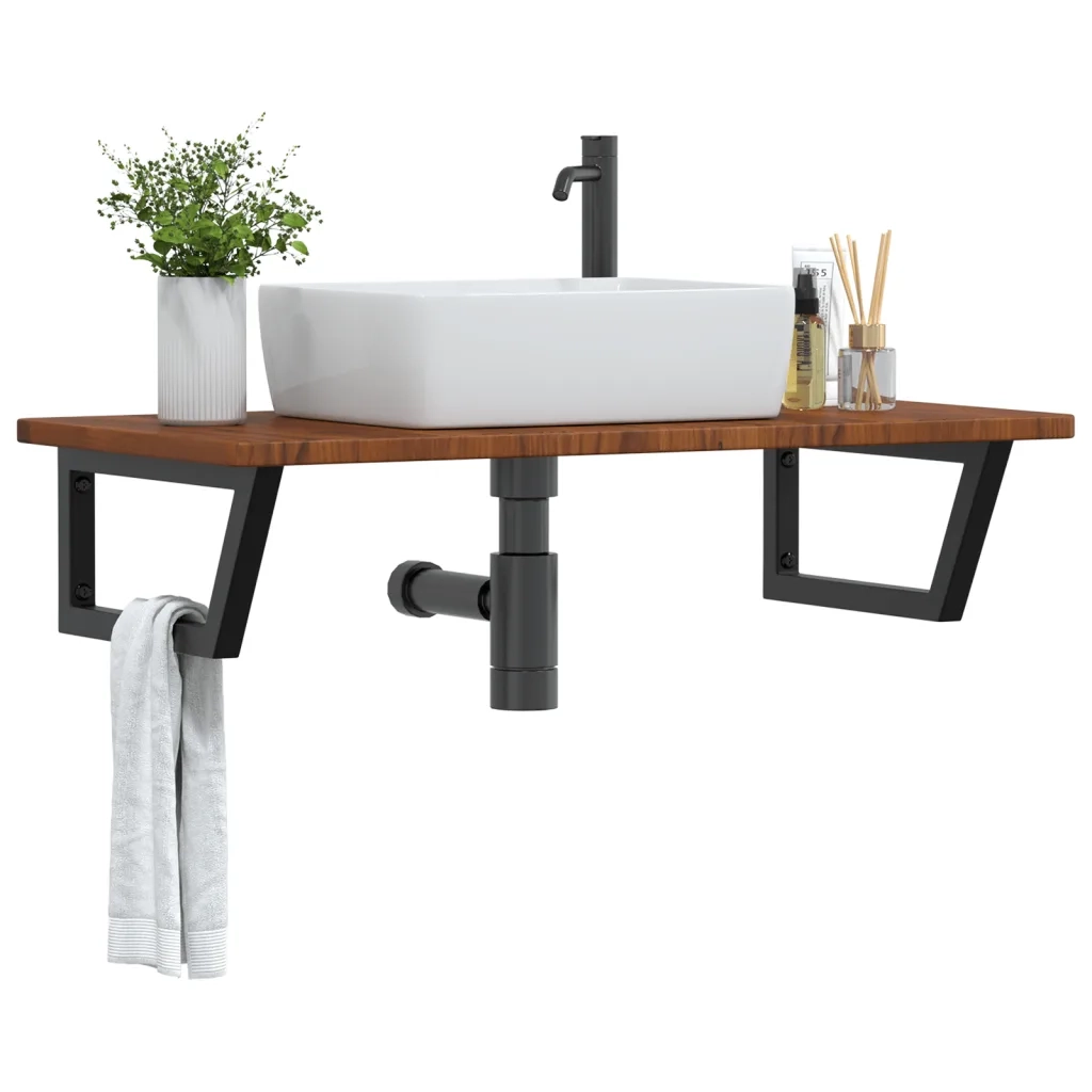 Ripiano a Parete per Lavabo-Mensole a Muro in Acciaio e Massello di Rovere 606435