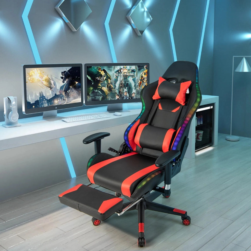 Sedia da gioco con luci RGB LED altezza regolabile poggiapiedi estraibile, Sedia da ufficio ergonomica Rosso-Sedie gaming