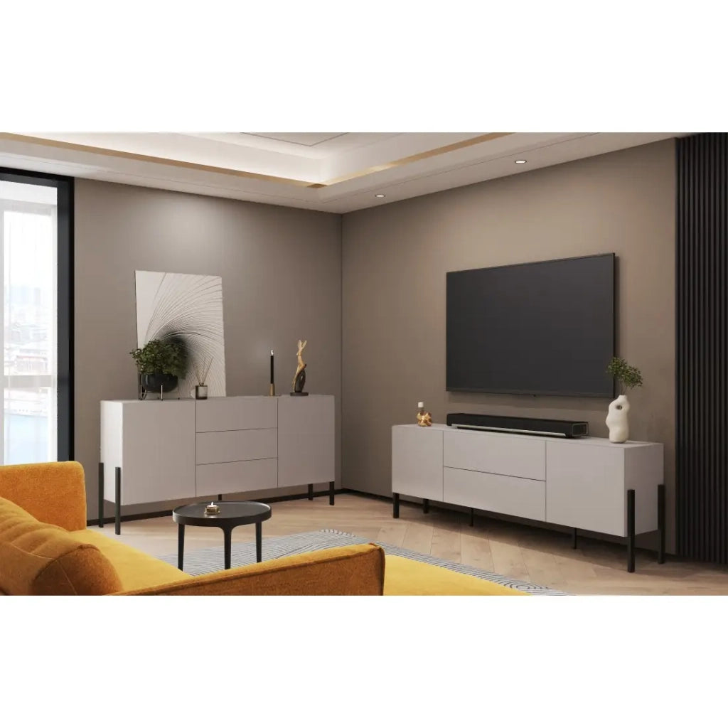 Buffet SALMA 2 ante & 3 cassetti Push-to-Open – beige & nero opaco, 184×90×40 cm
