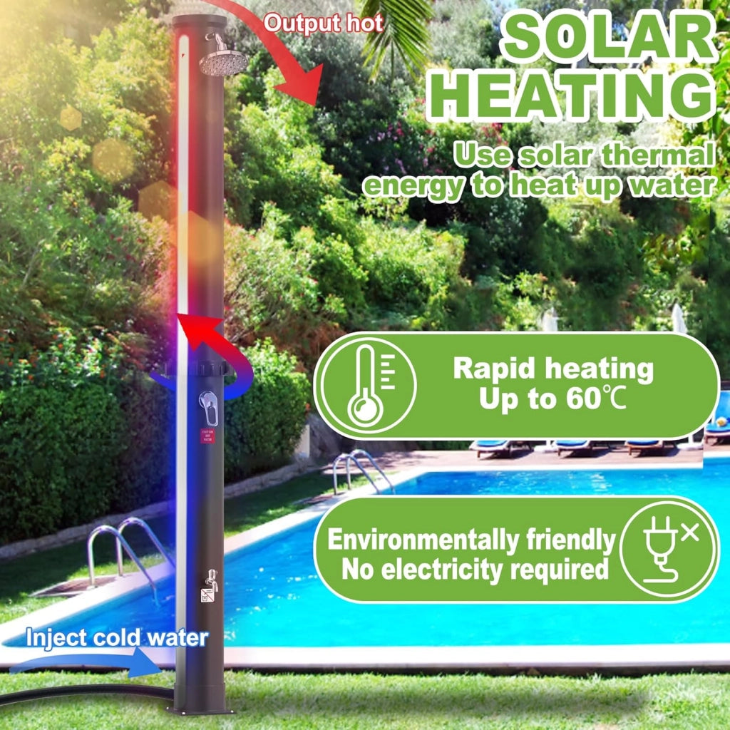 Doccia solare da giardino, 40 l, con cappa protettiva, per esterni, con rubinetto, soffione a pioggia, per giardino, piscina, campeggio, fino a 60 °C, colore nero