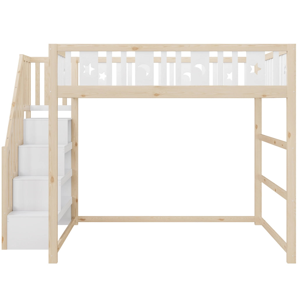 Letto a soppalco per bambini 140x200 cm in legno massello; con scala e ripiani; naturale e bianco