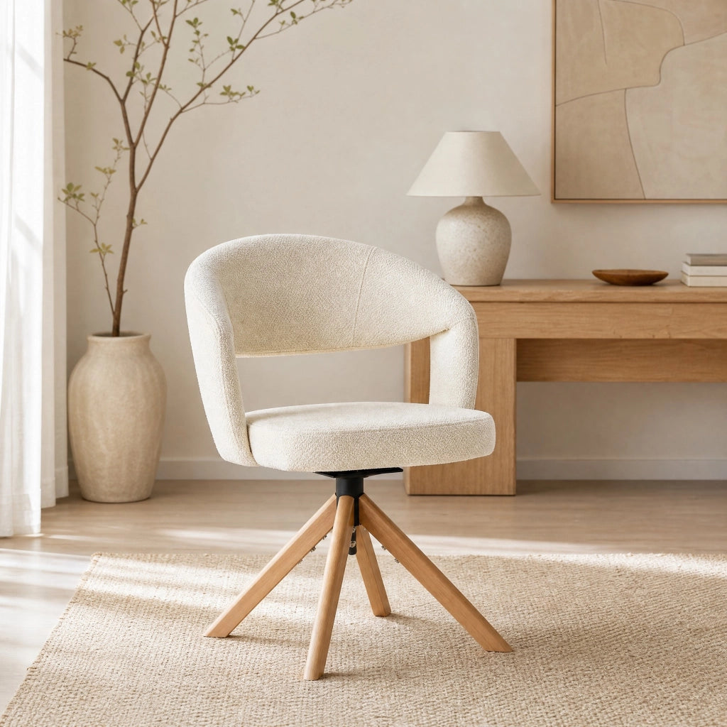 Sedia da Pranzo Set da 2 Girevole con Schienale Ergonomico e Rotazione Silenziosa, in Tessuto e Legno Massello Bianco, Legno